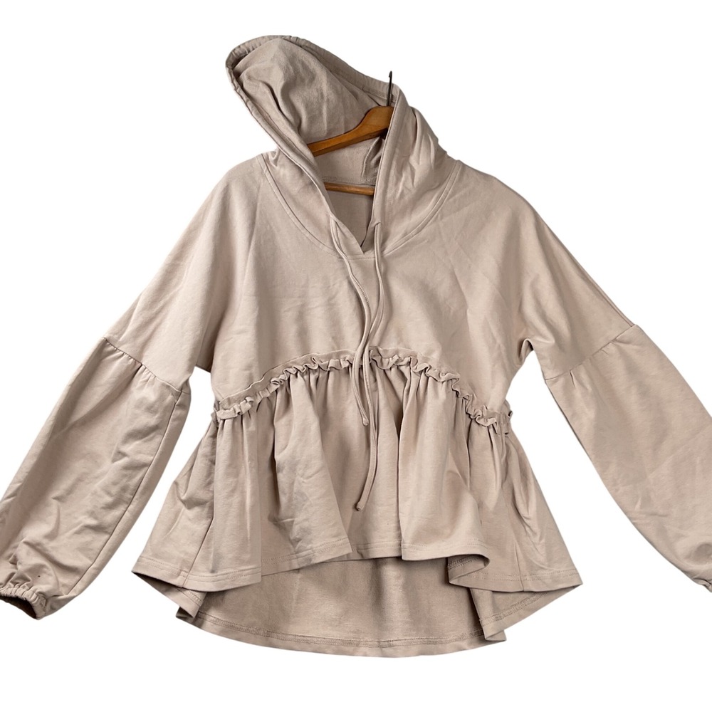 Unbranded Peplum Ruffle Hoodie Women Size M Tan High Low Puff Sleeve Sweatshirt